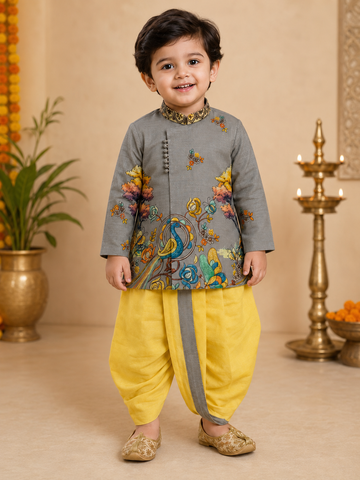 Grey Printed Kurta With Yellow Dhoti
