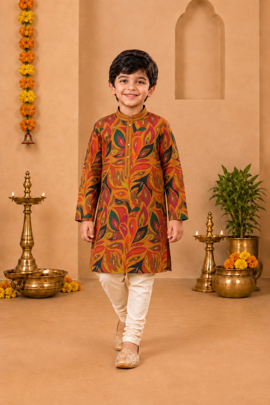 Multicoloured Printed Kurta With Off-white Pyjama