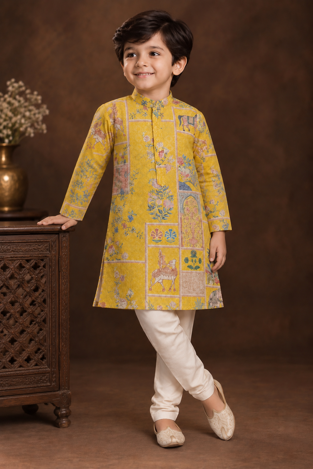 Golden Ochre Printed Kurta With Off-white Pyjama