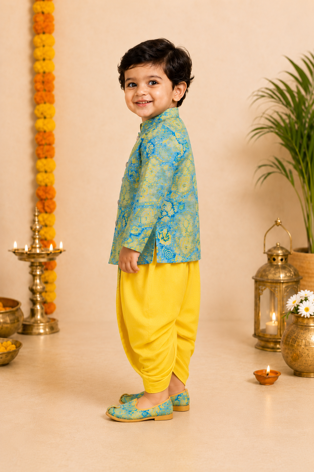 Blue And Yellow Printed Kurta With Lemon Yellow Dhoti