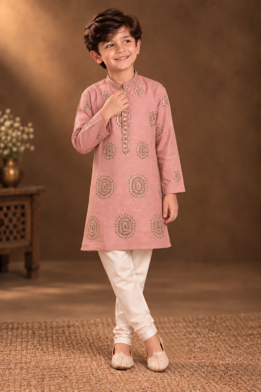 Dusty Rose Kurta With Taupe Embroidery And Off-White Pyjama