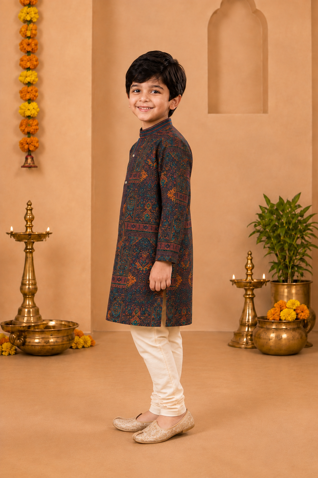 Deep Maroon Printed Kurta With Off-white Pyjama