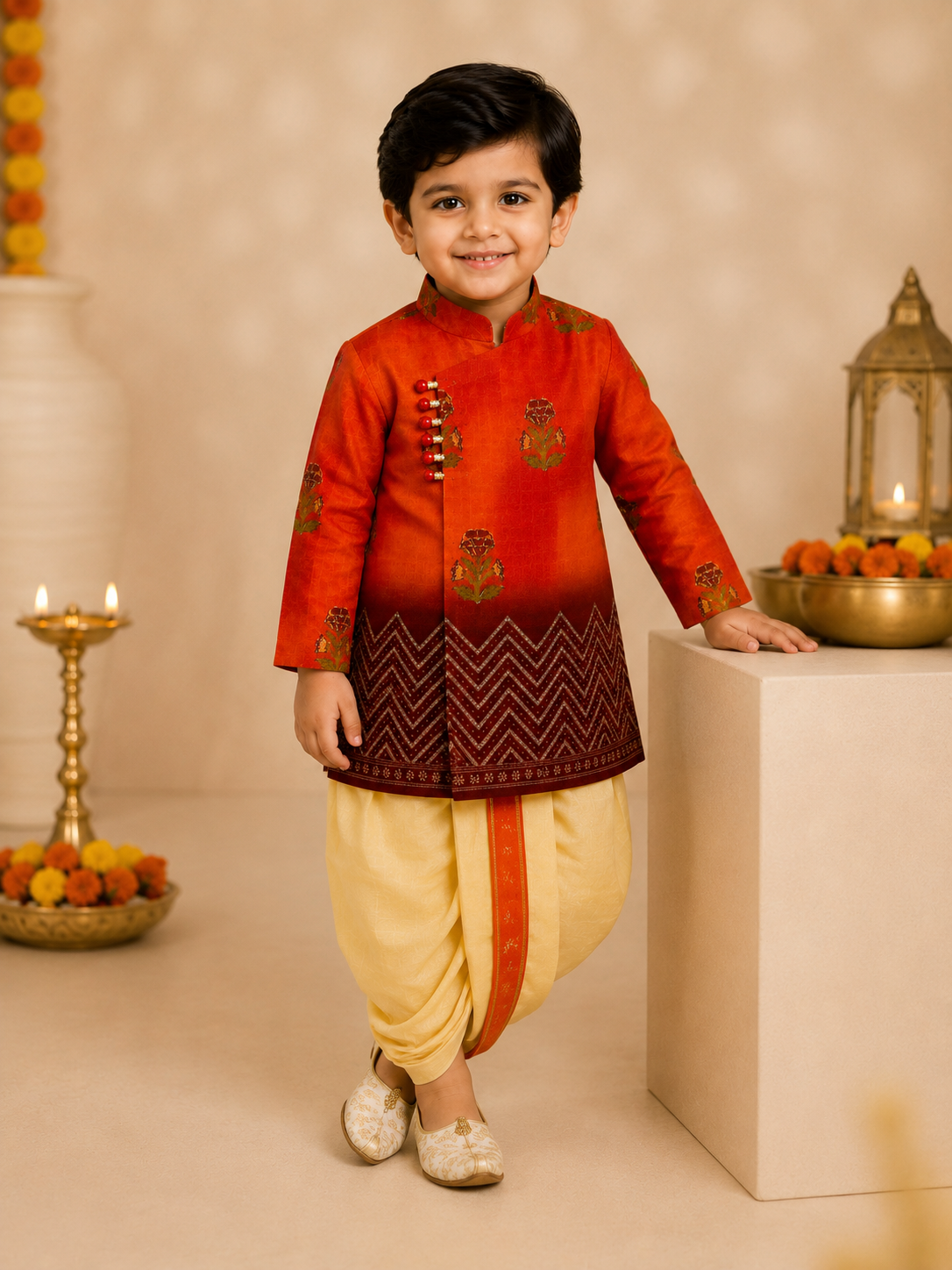 Vermilion Printed Kurta With Butter Yellow Dhoti