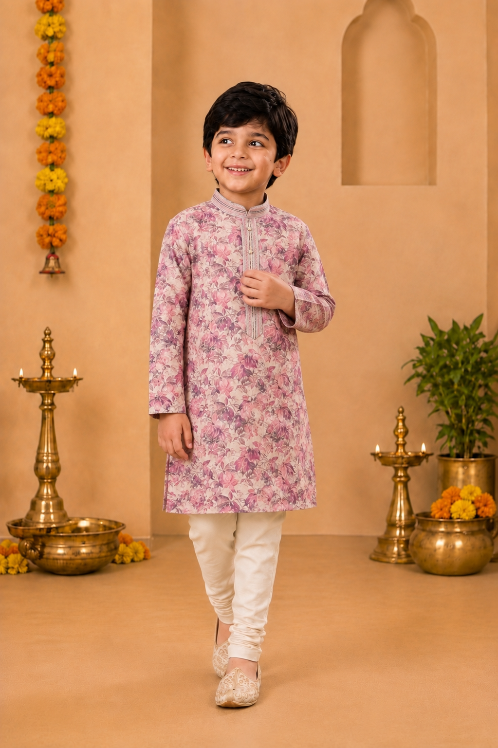 Blush Pink Floral Printed Kurta With Off-White Pyjama