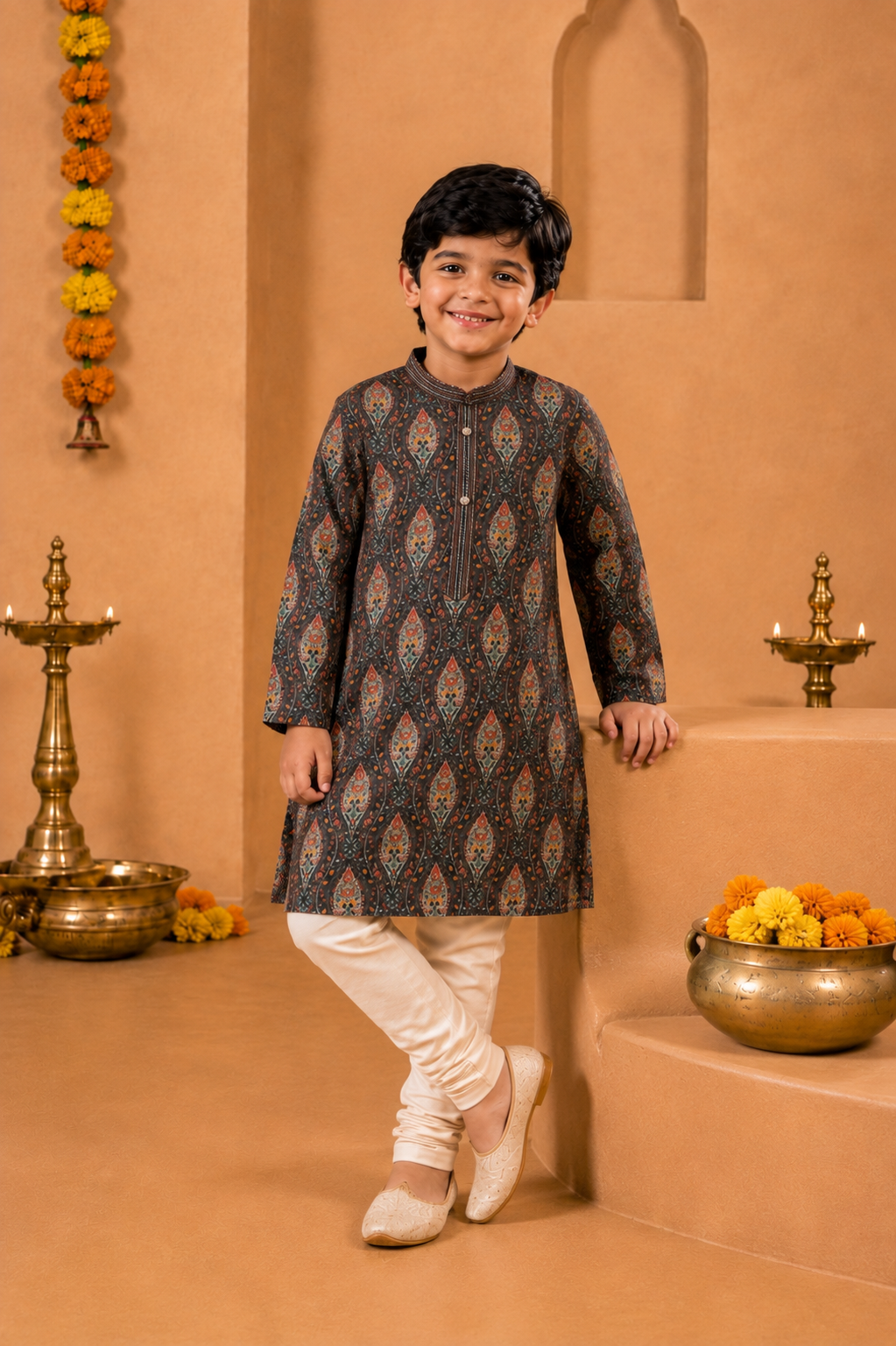 Charcoal Grey Printed Kurta With Off-white Pyjama