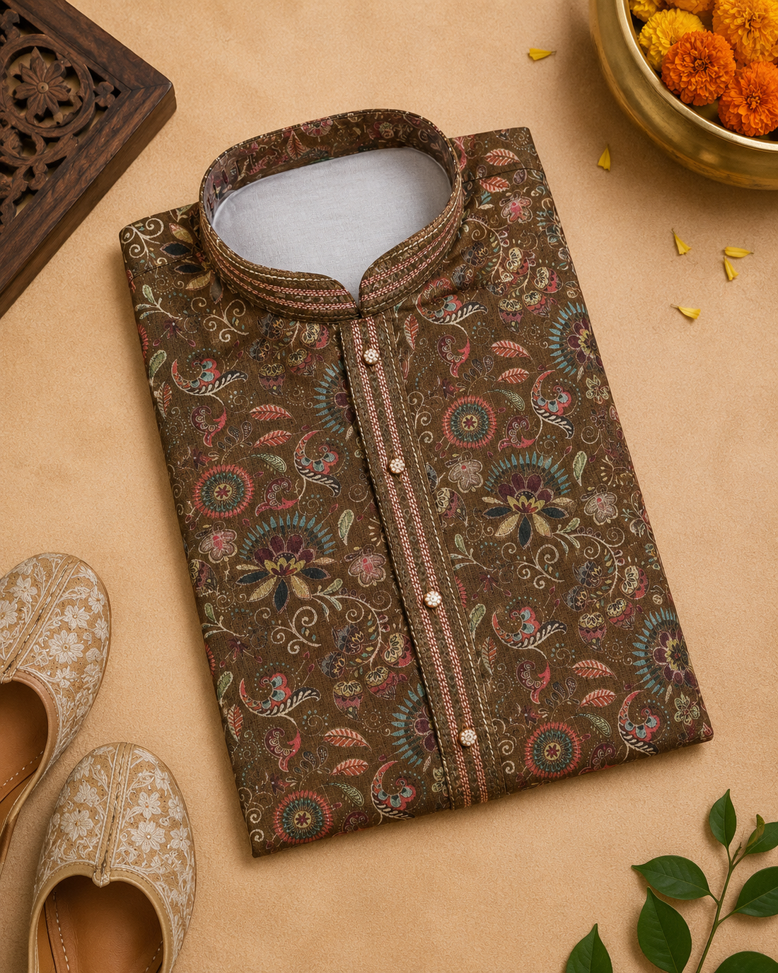 Chocolate Brown Printed Kurta With Off-white Pyjama