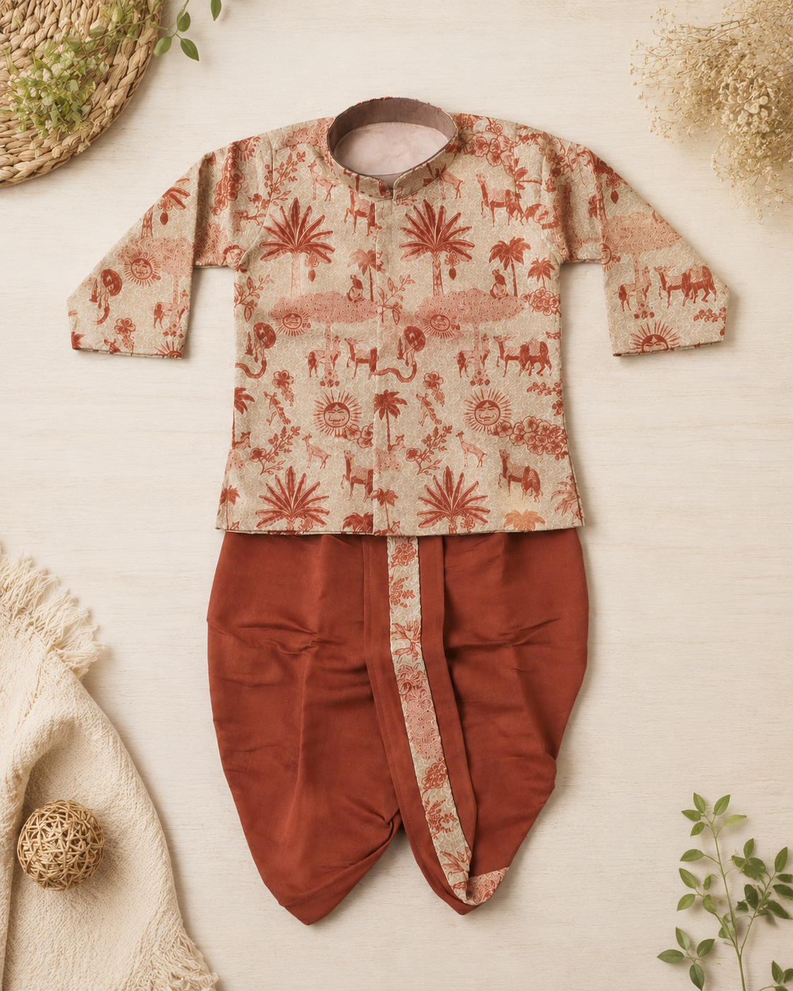 Cream Printed Kurta With Brick Red Dhoti
