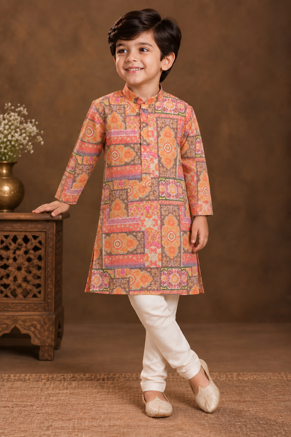 Peach & Coral Multicolour Geometric Printed Kurta With Off-white Pyjama