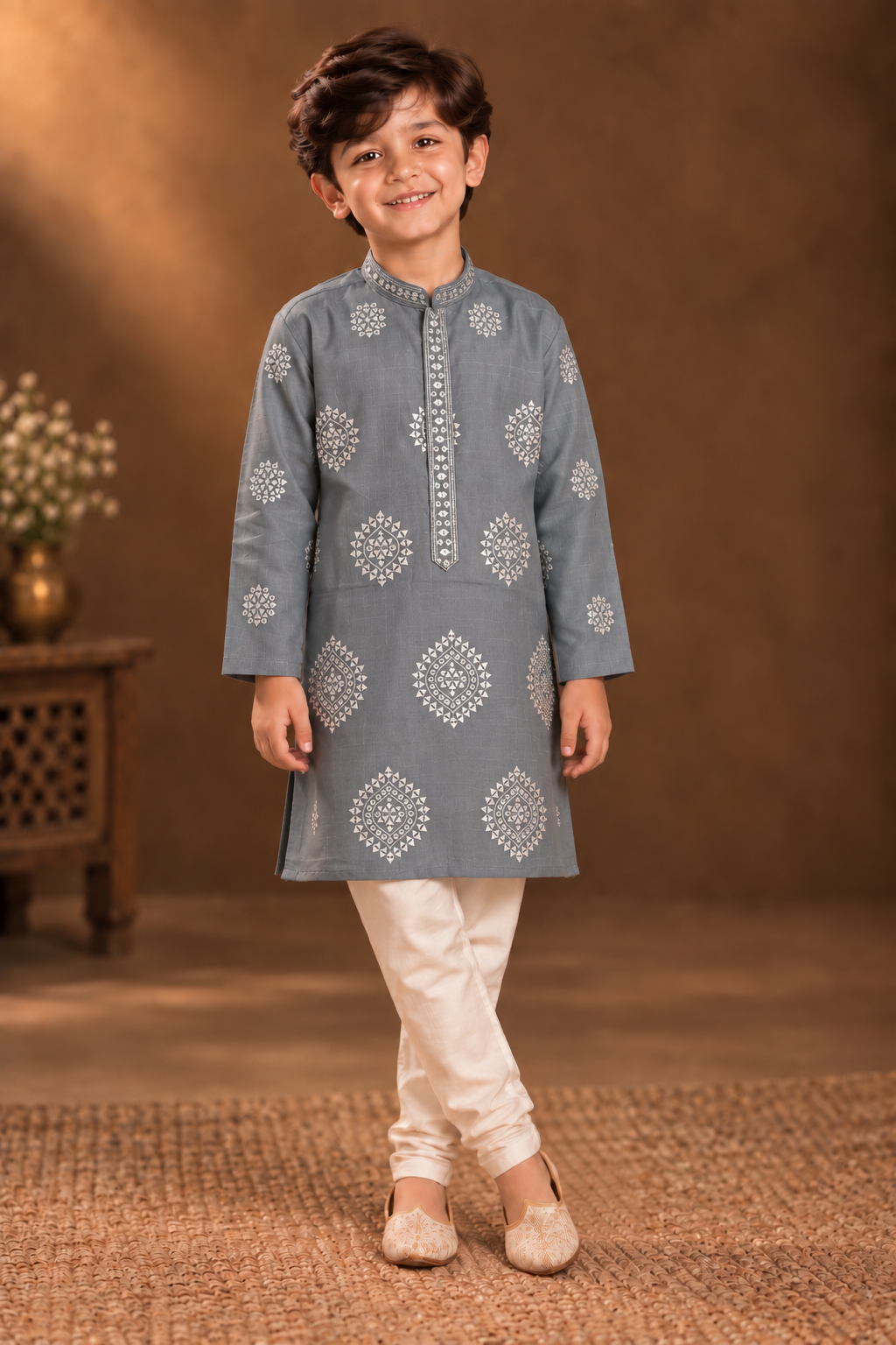 Dusty Blue Kurta With Silver Geometric Embroidery And Off-white Pyjama
