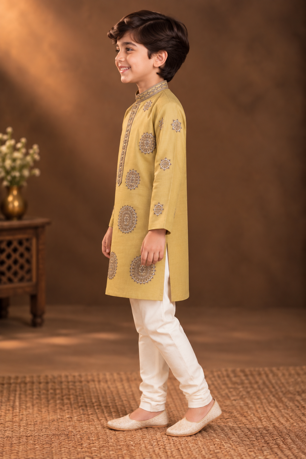 Mustard Yellow Kurta With Taupe Embroidery And Off-White Pyjama