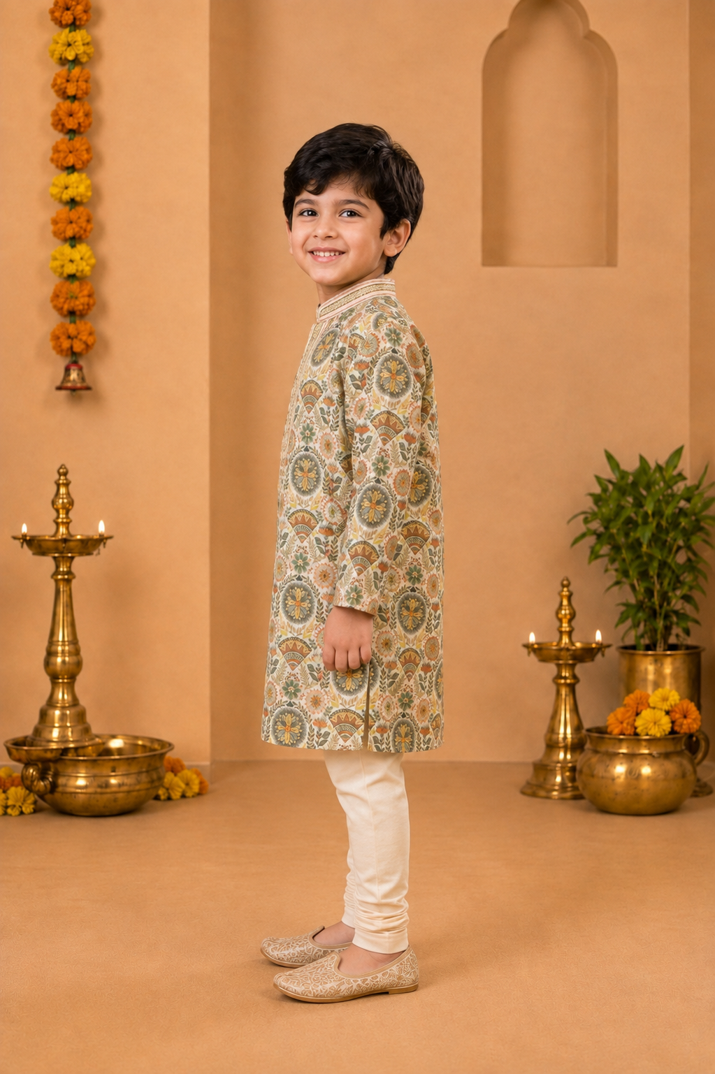 Ivory Kurta With Sage Green And Rust Floral Print And Off-white Pyjama