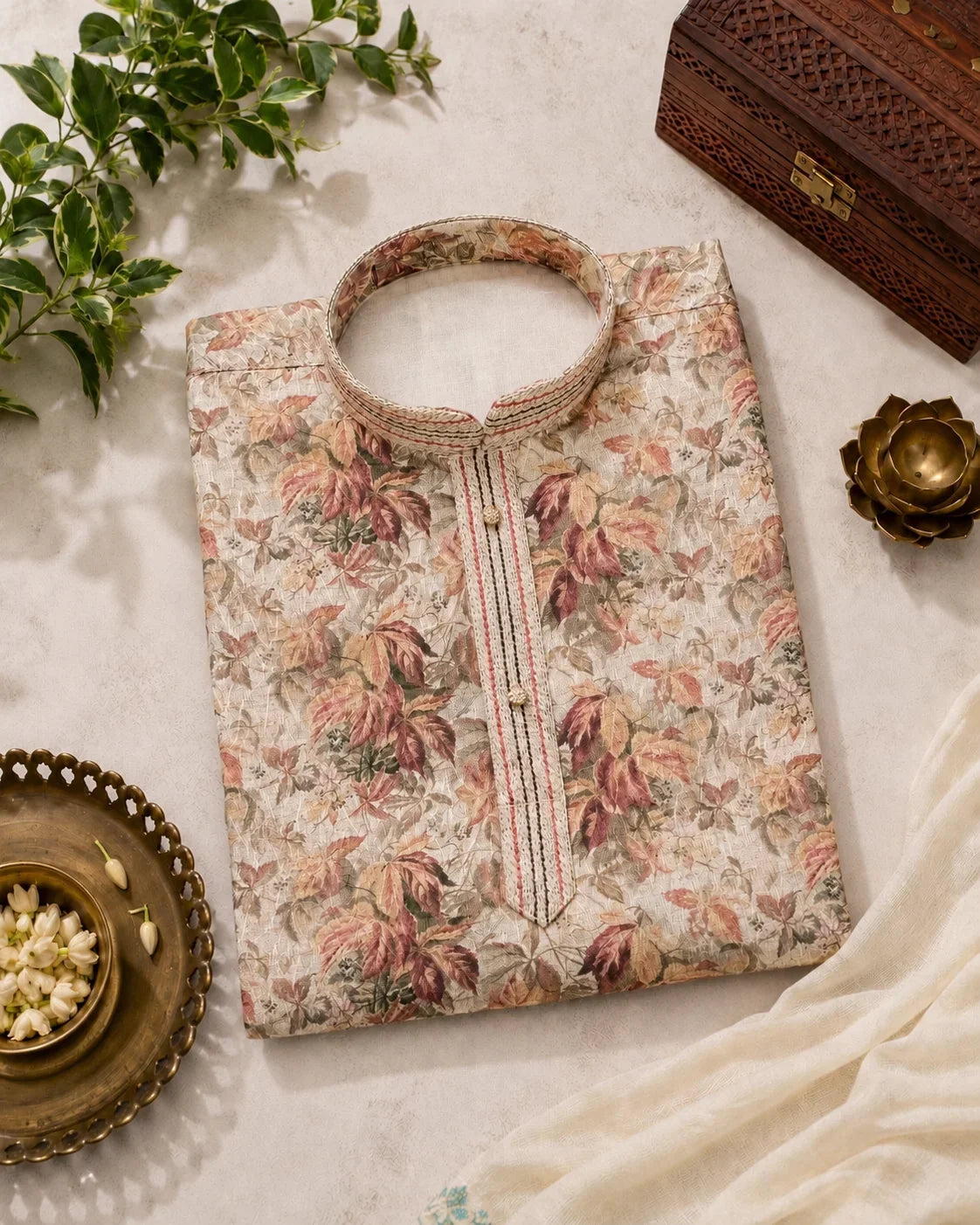 Ivory Floral Printed Kurta With Off-White Pyjama