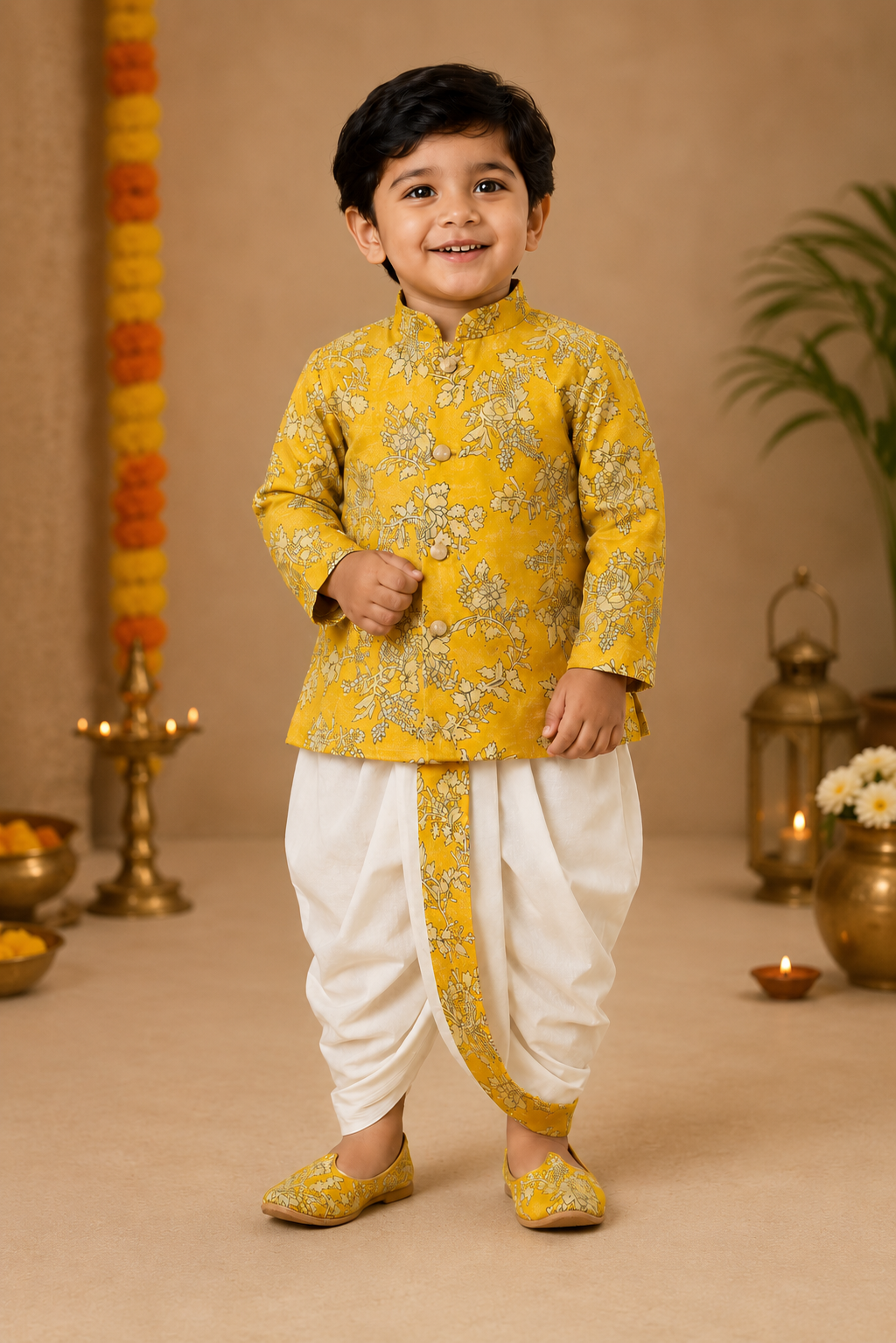 Yellow Printed Kurta With Off-white Dhoti