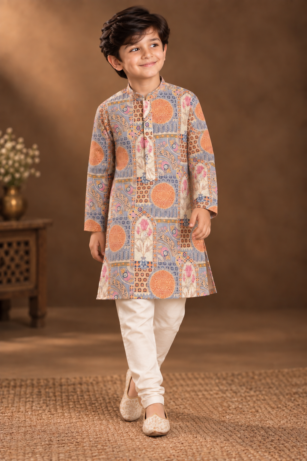Dusty Blue And Peach Printed Kurta With Off-white Pyjama