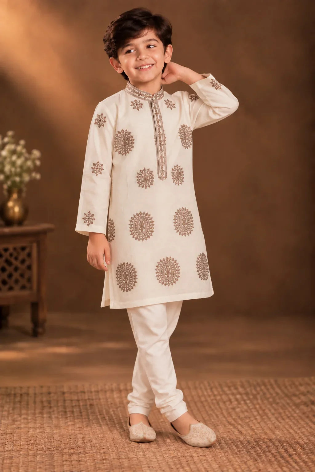 Ivory Kurta With Taupe Embroidery And Off-white Pyjama