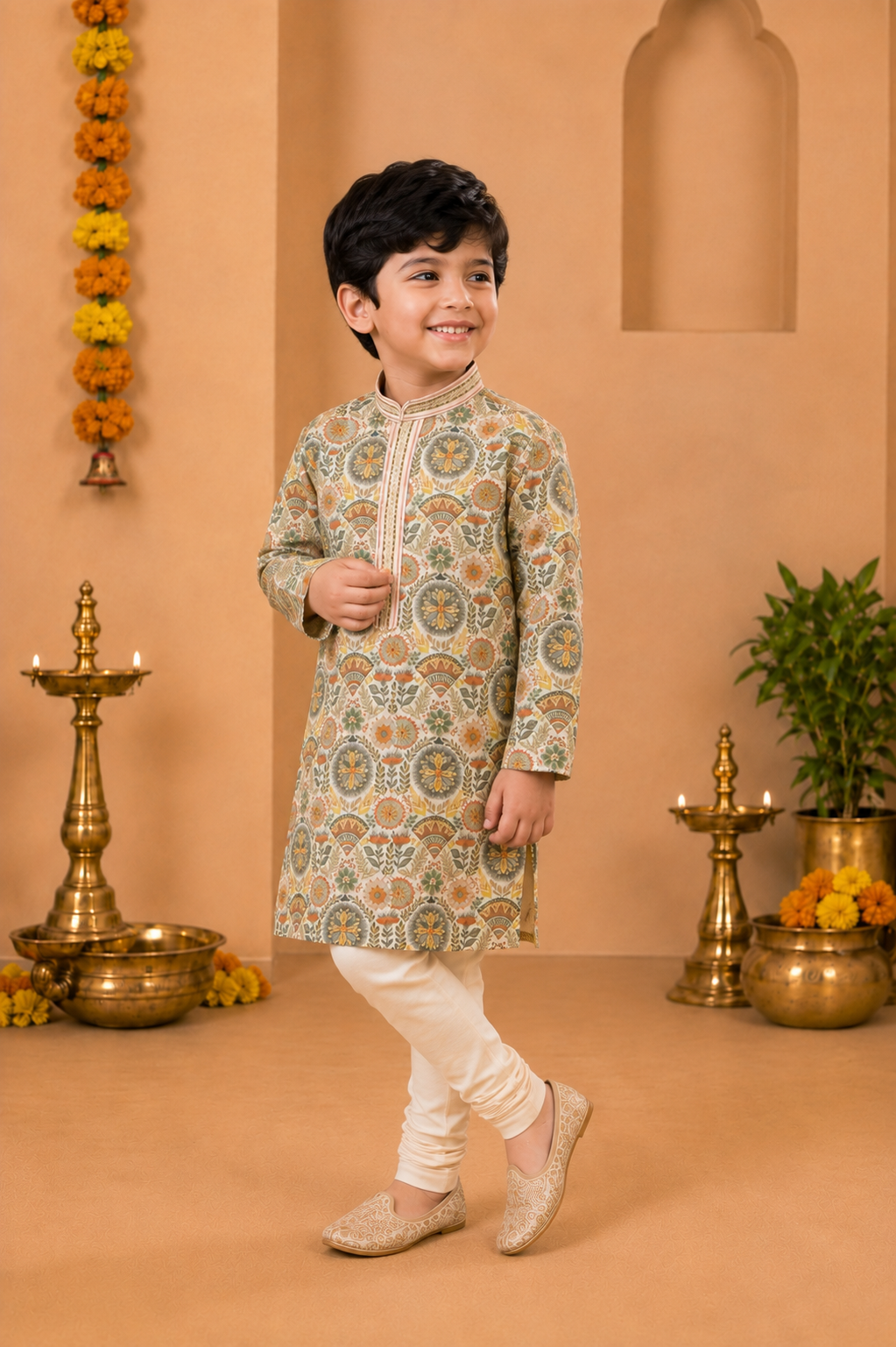 Ivory Kurta With Sage Green And Rust Floral Print And Off-white Pyjama