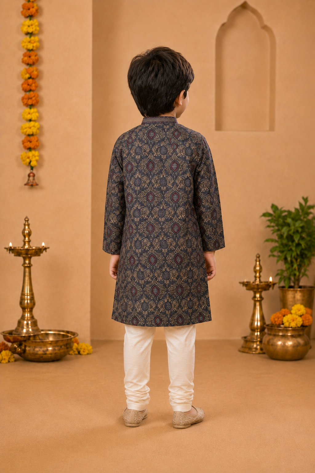 Charcoal Grey Printed Kurta With Off-white Pyjama