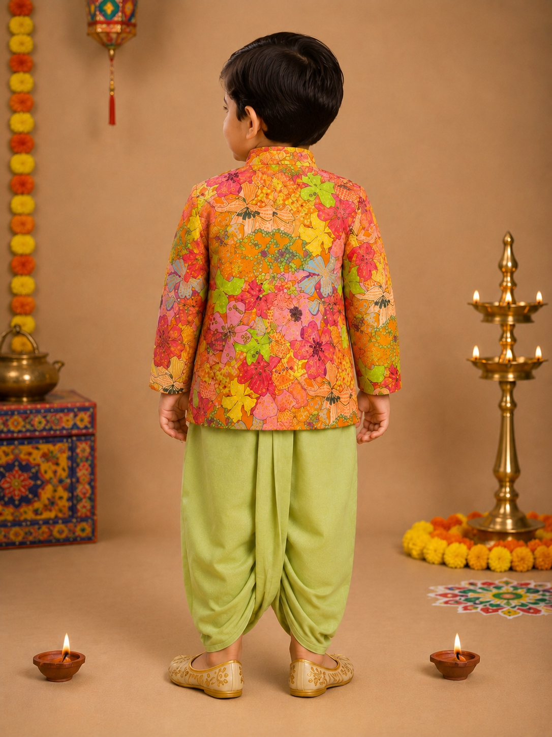 Multicolor Floral Printed Kurta With Pastel Green Dhoti
