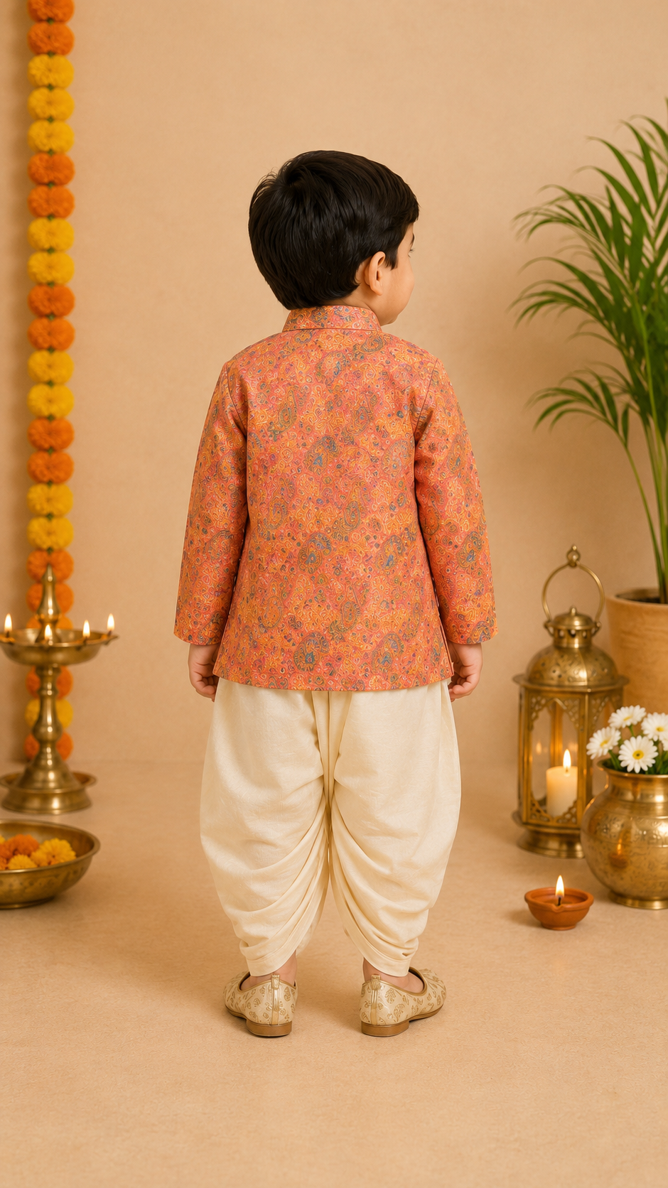 Orange Printed Kurta With Butter Yellow Dhoti