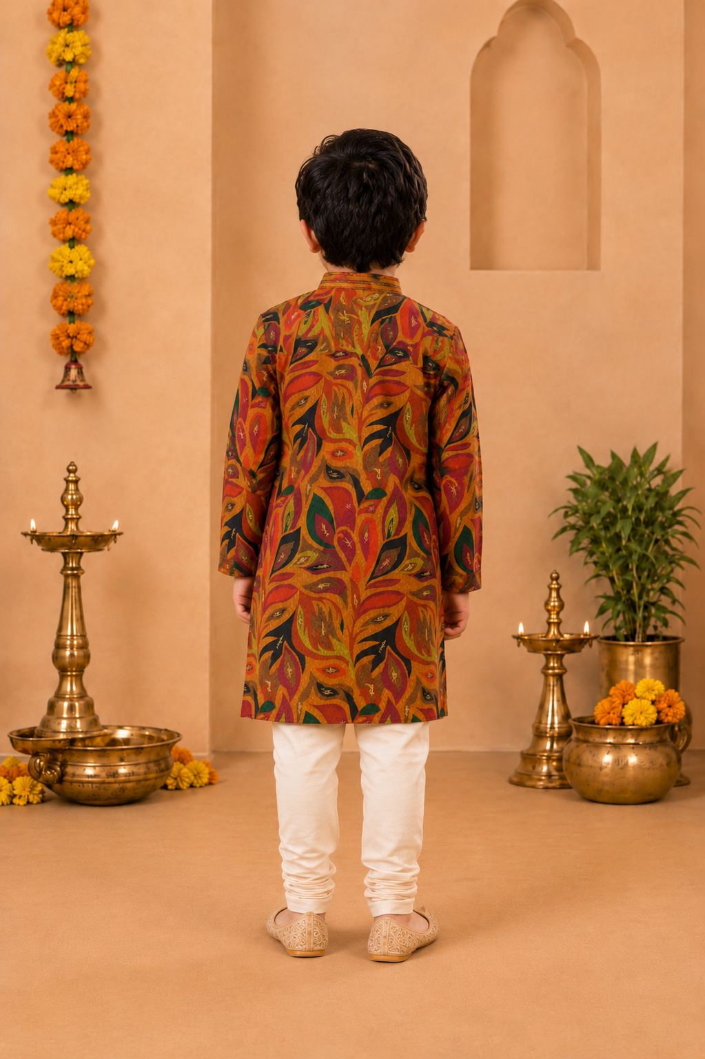 Multicoloured Printed Kurta With Off-white Pyjama