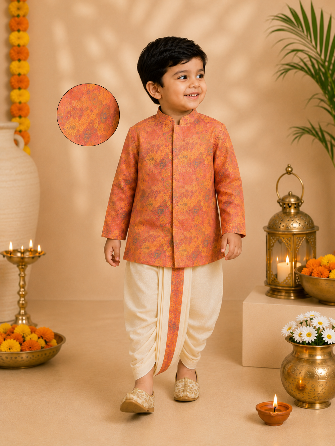 Orange Printed Kurta With Butter Yellow Dhoti
