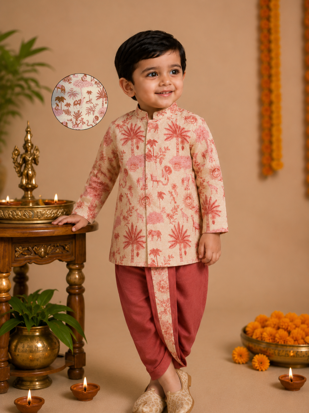 Cream Printed Kurta With Brick Red Dhoti