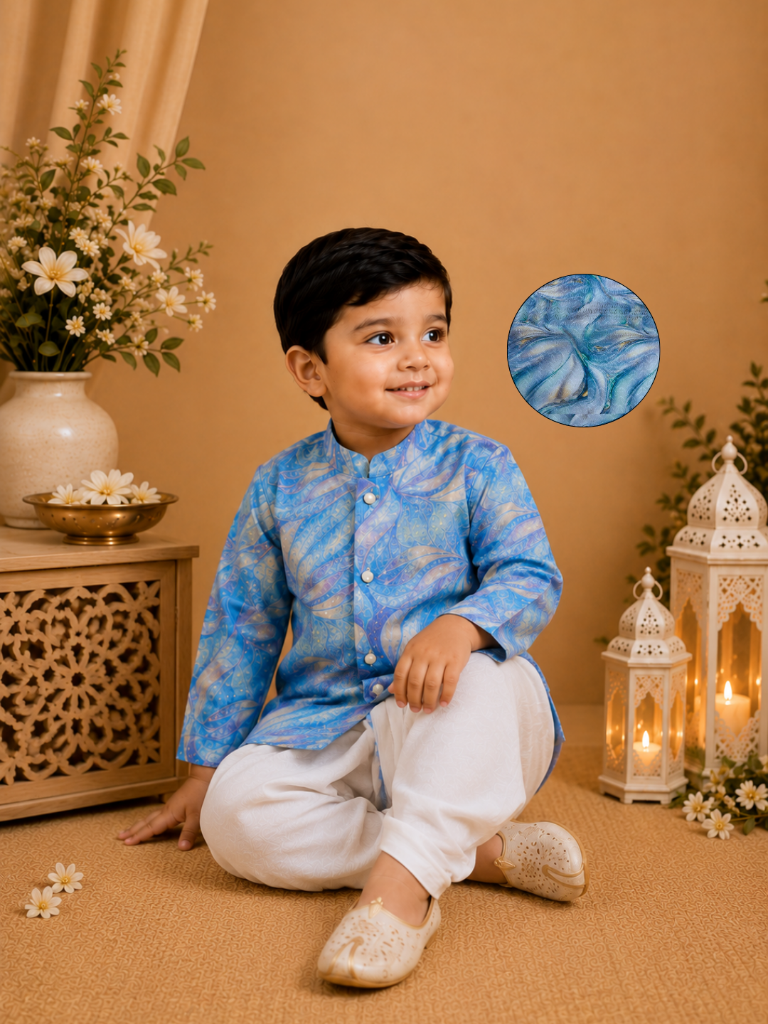 Sky Blue Printed Kurta With Off-white Dhoti