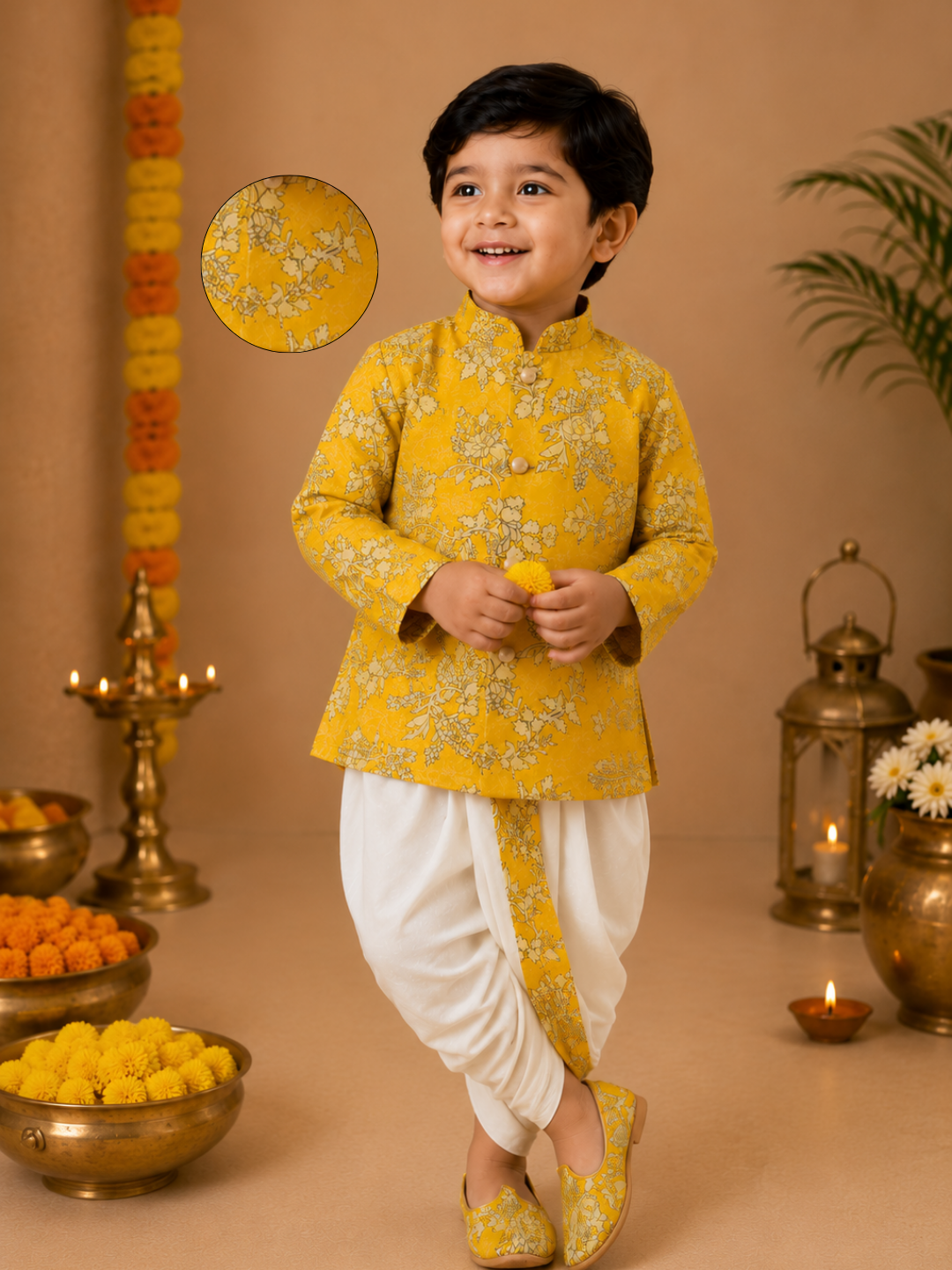 Yellow Printed Kurta With Off-white Dhoti
