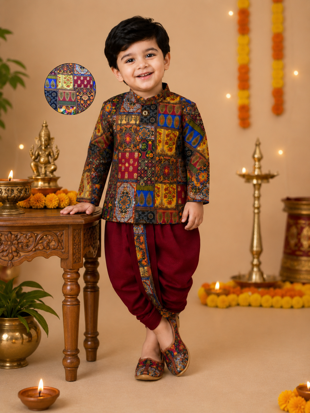 Multicolor Printed Kurta With Maroon Dhoti