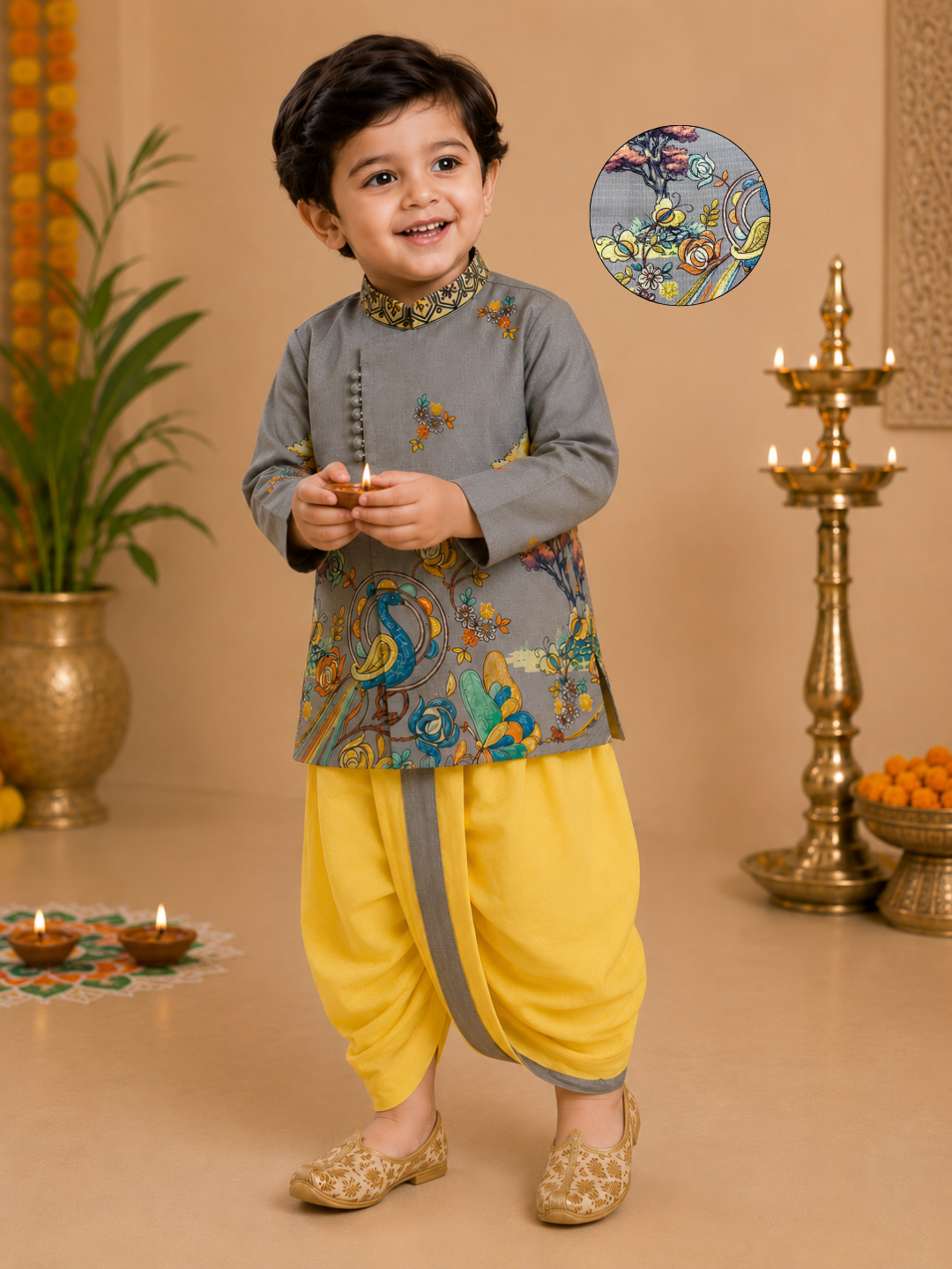 Grey Printed Kurta With Yellow Dhoti