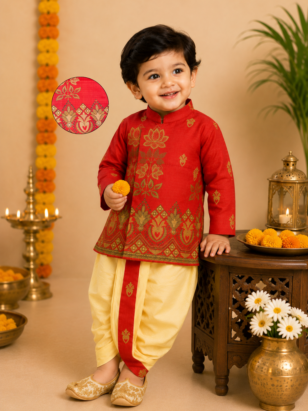 Red Printed Kurta With Butter Yellow Dhoti