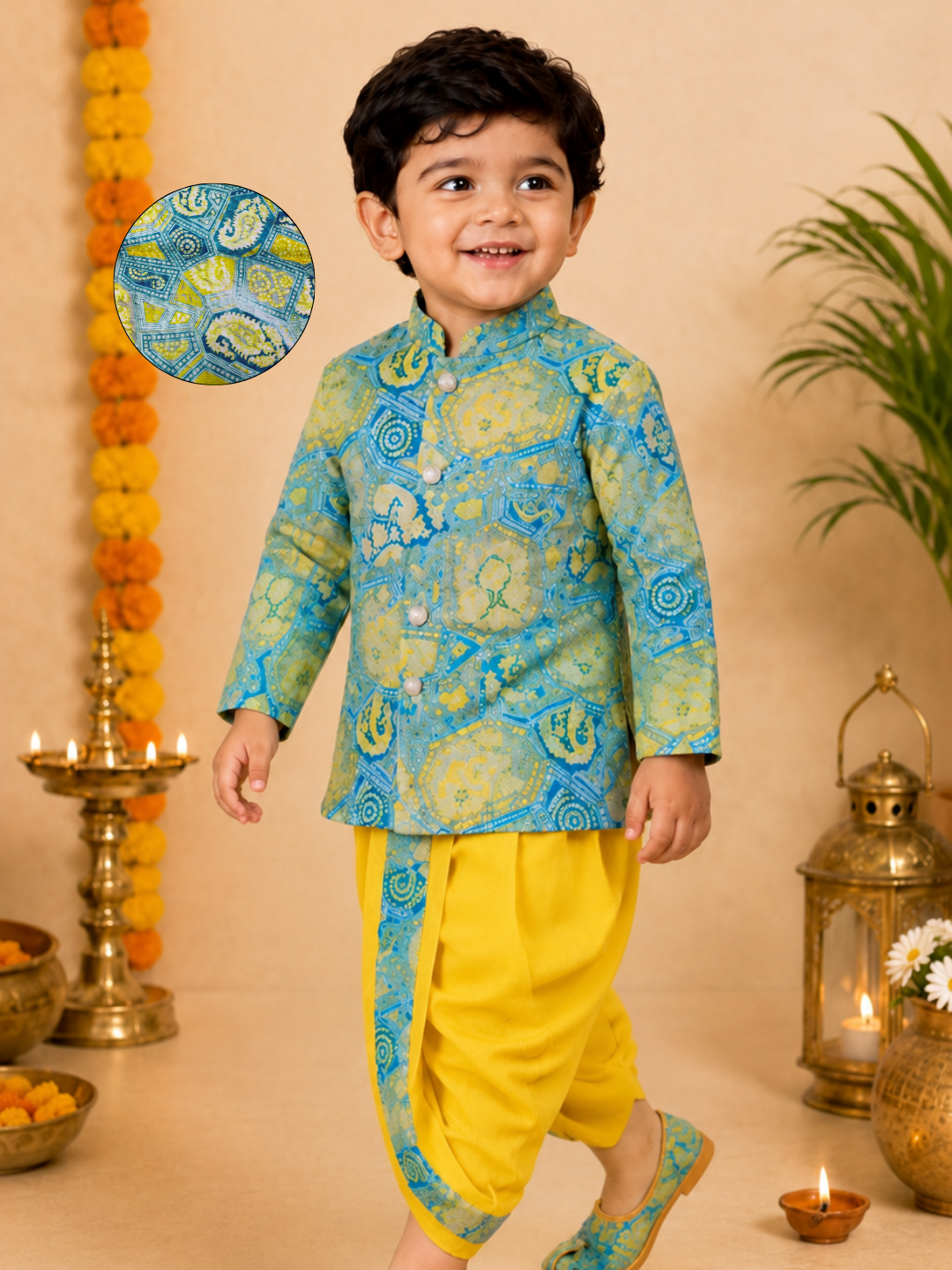 Blue And Yellow Printed Kurta With Lemon Yellow Dhoti