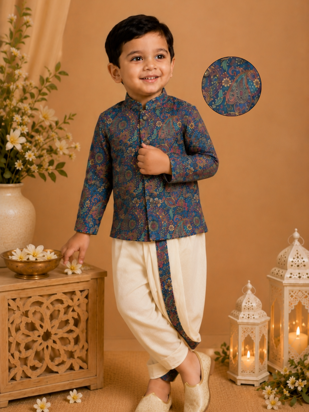 Blue Paisley Printed Kurta With Off-white Dhoti