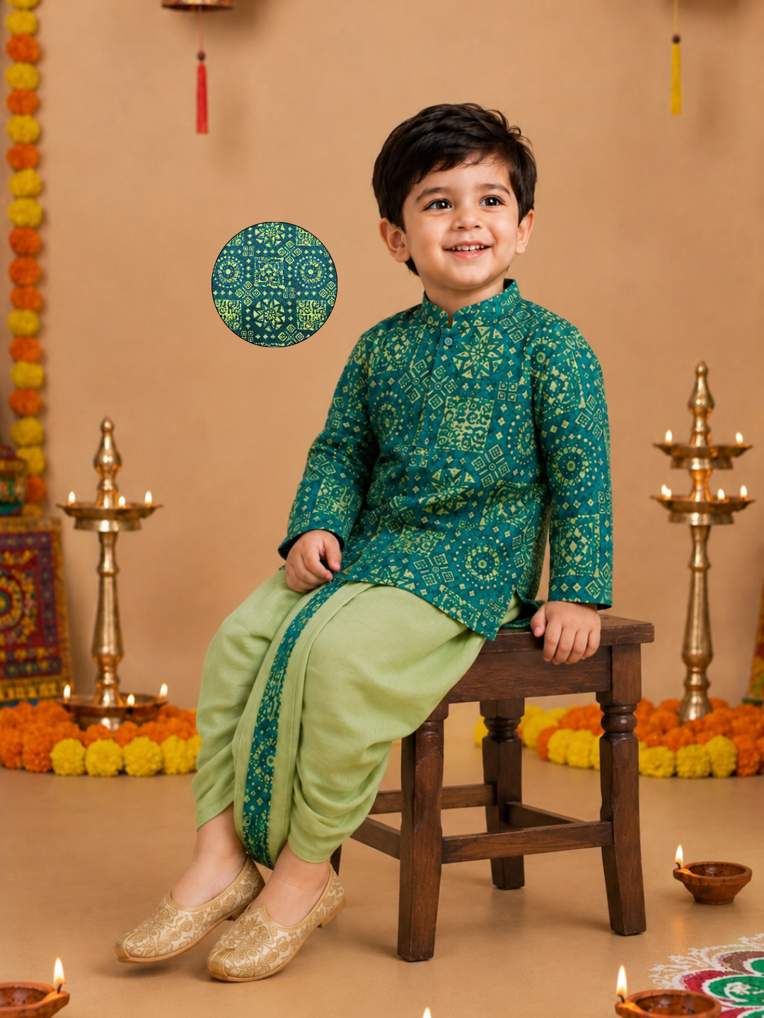 Teal Green Printed Kurta With Pastel Green Dhoti