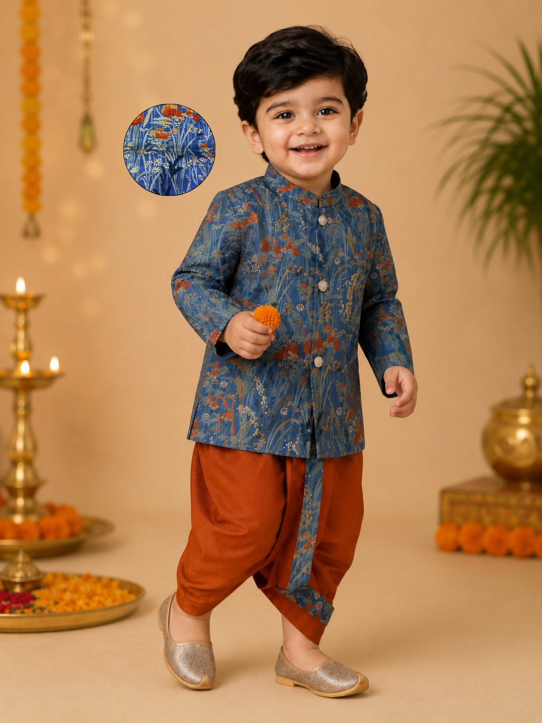 Blue Printed Kurta With Rust Dhoti