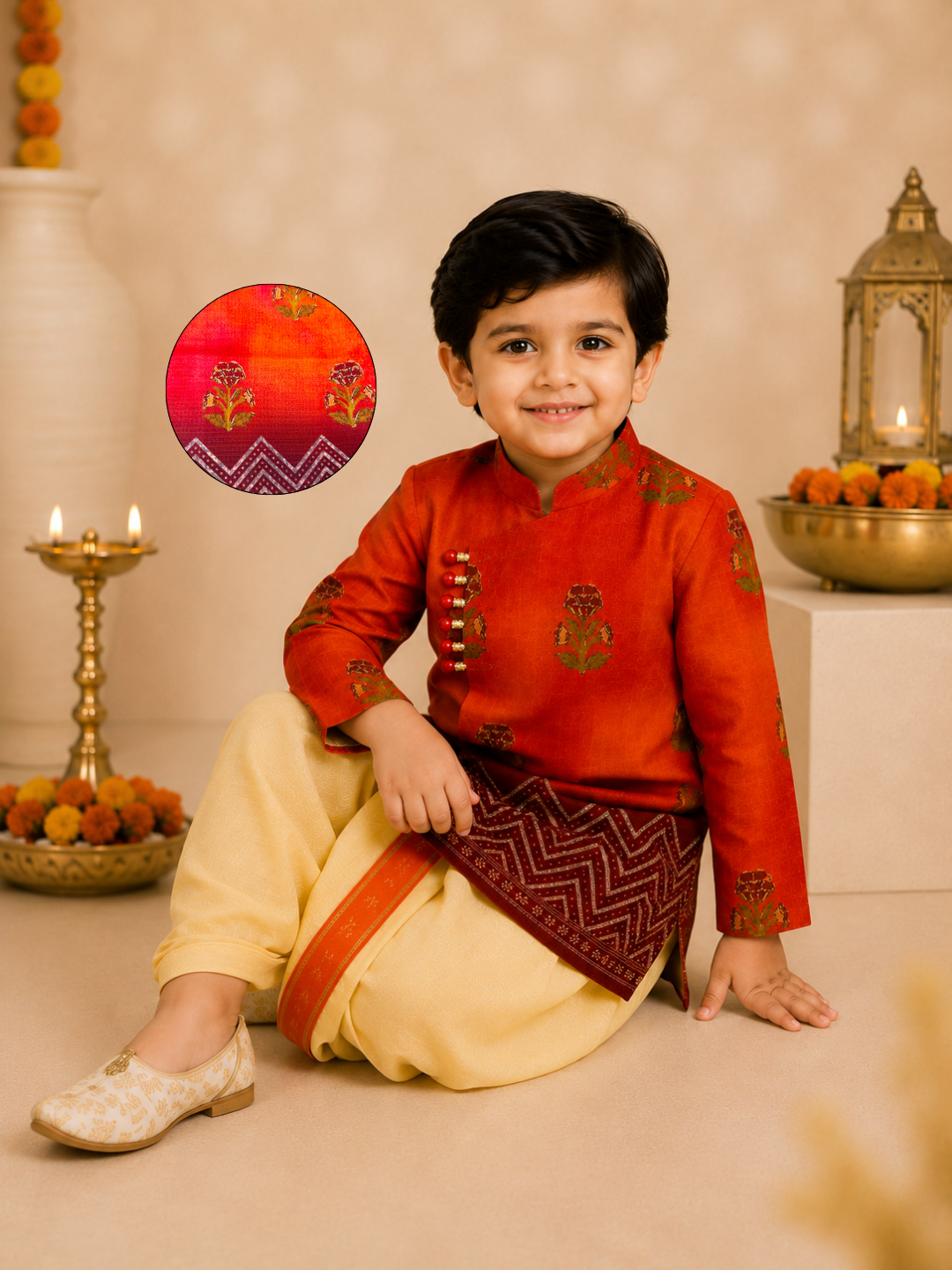 Vermilion Printed Kurta With Butter Yellow Dhoti