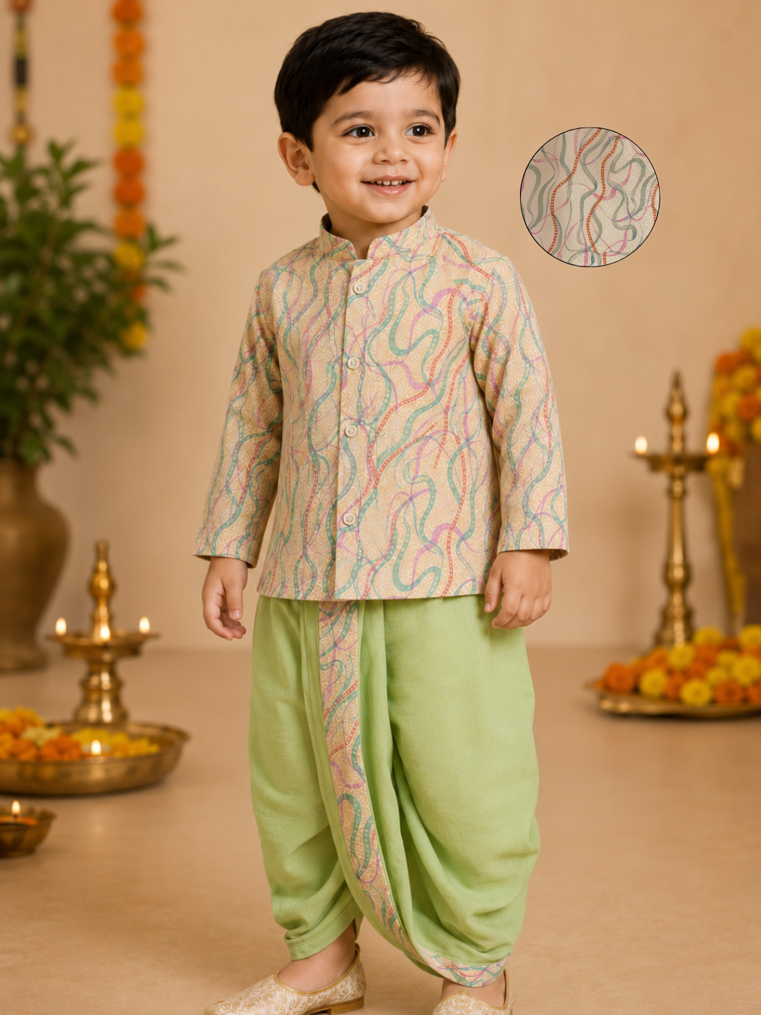 Cream Printed Kurta With Pastel Green Dhoti