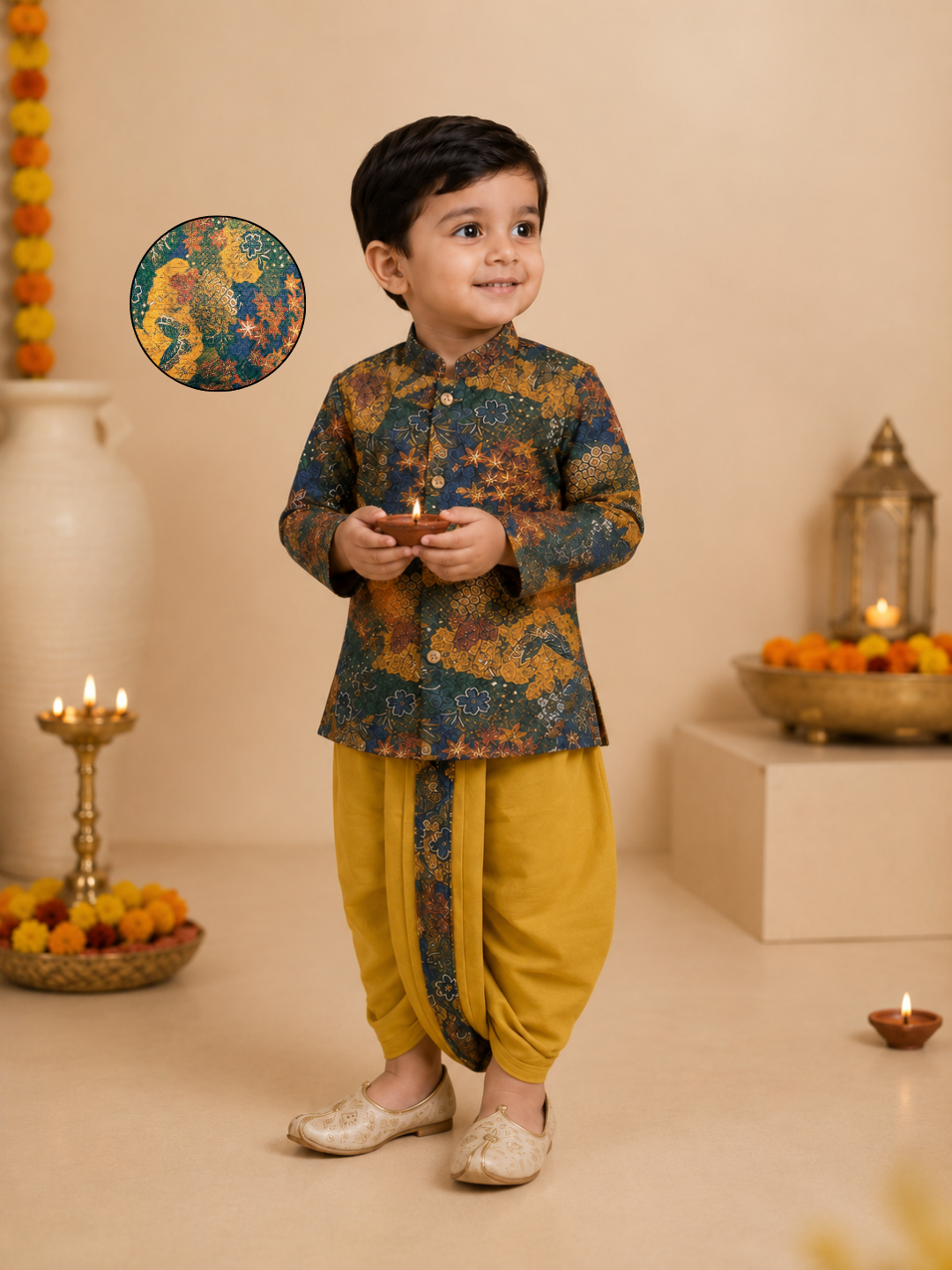 Multicolor Floral Printed Kurta With Mustard Dhoti