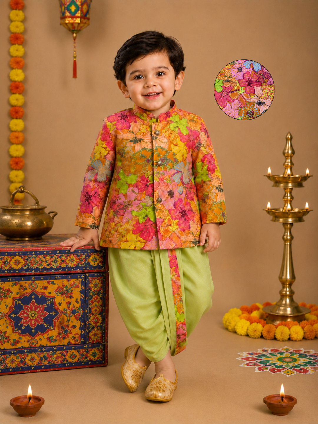 Multicolor Floral Printed Kurta With Pastel Green Dhoti