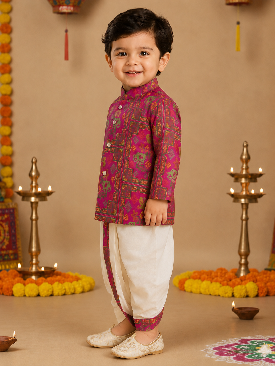 Magenta Printed Kurta With Off White Dhoti