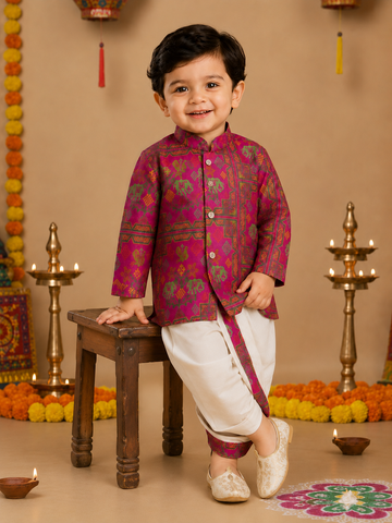 Magenta Printed Kurta With Off White Dhoti