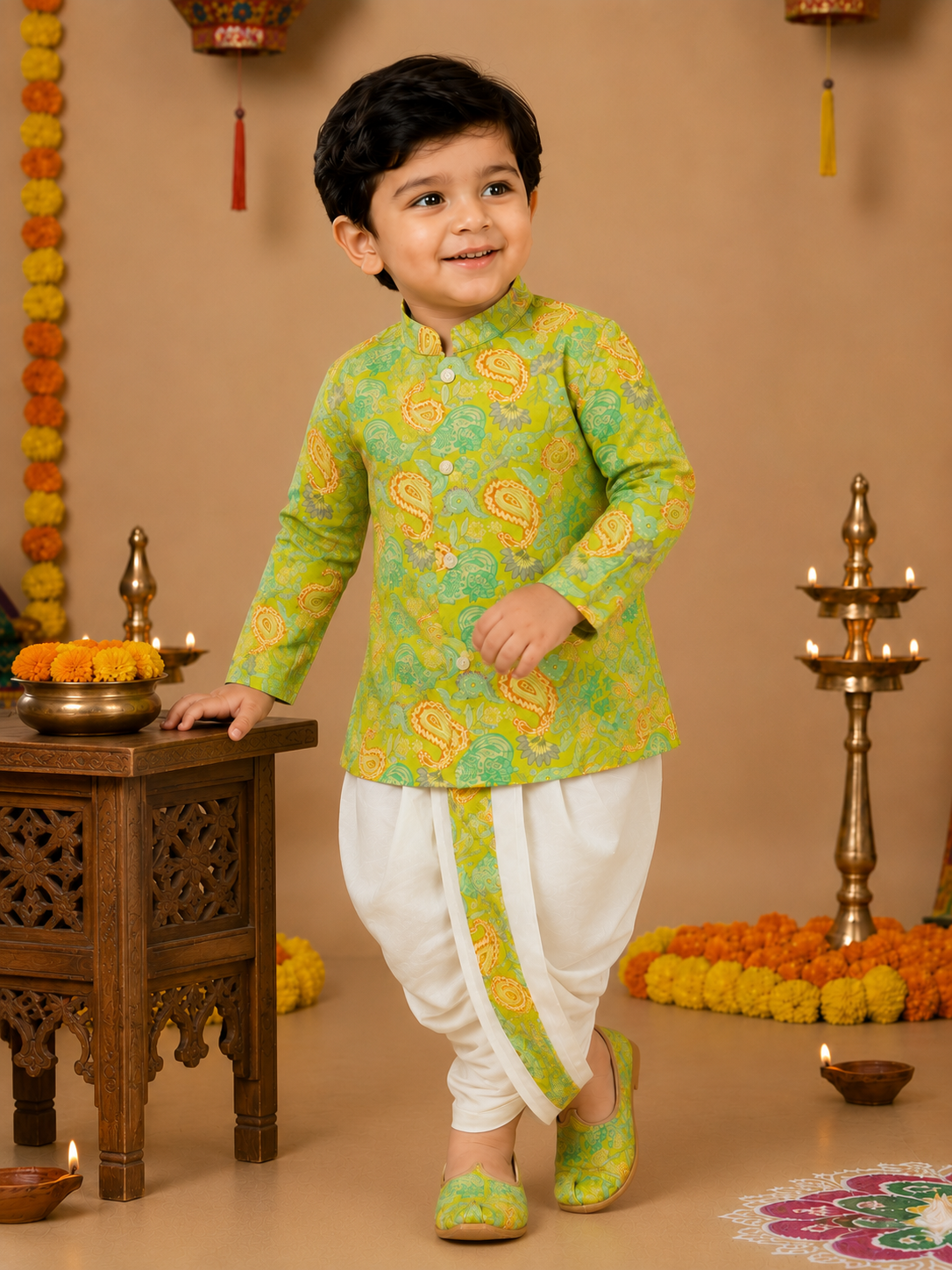 Lime Green Printed Kurta With Off White Dhoti