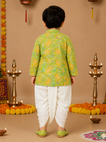 Lime Green Printed Kurta With Off White Dhoti