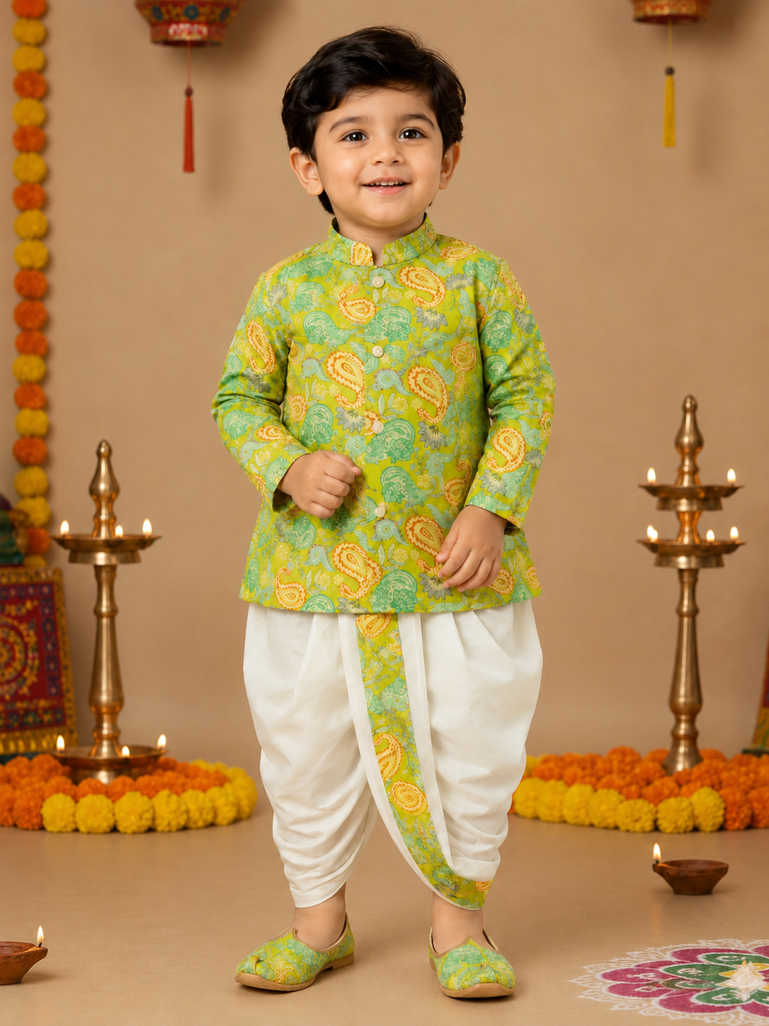Lime Green Printed Kurta With Off White Dhoti