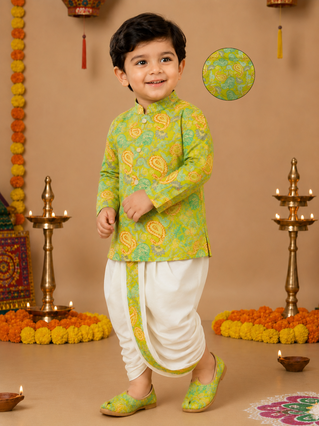Lime Green Printed Kurta With Off White Dhoti