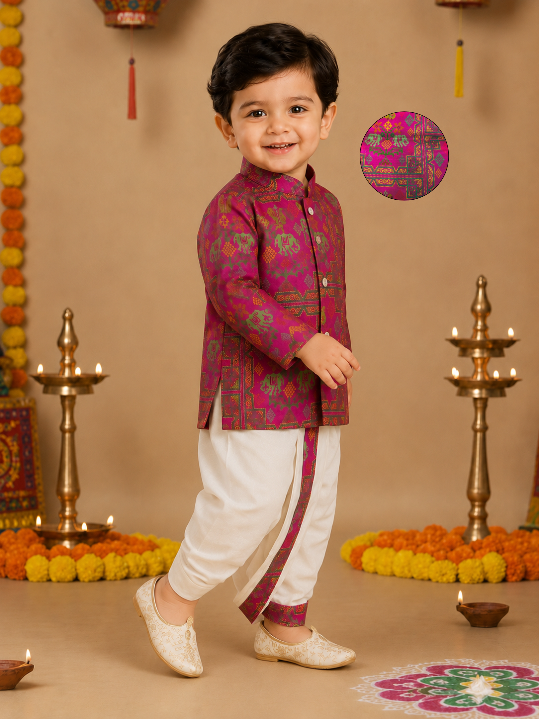 Magenta Printed Kurta With Off White Dhoti
