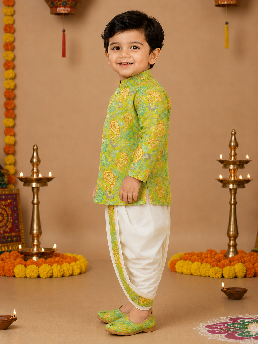 Lime Green Printed Kurta With Off White Dhoti