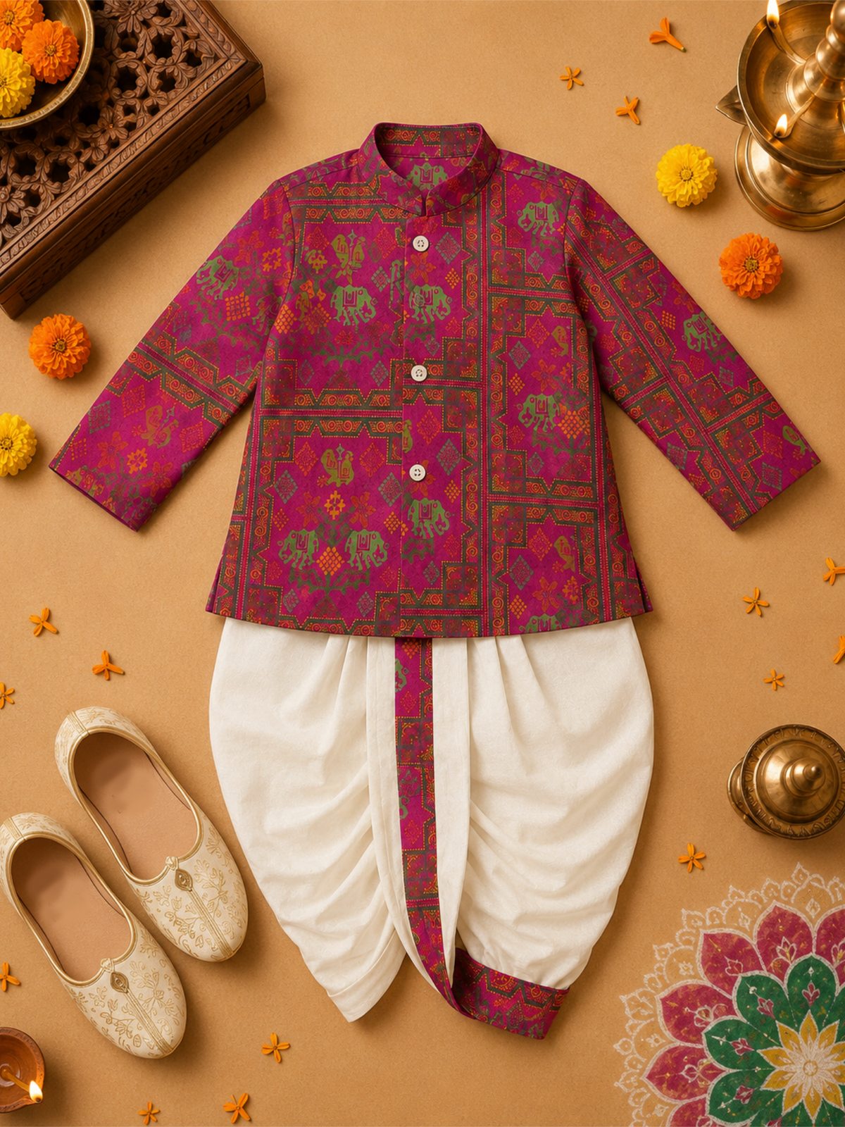 Magenta Printed Kurta With Off White Dhoti
