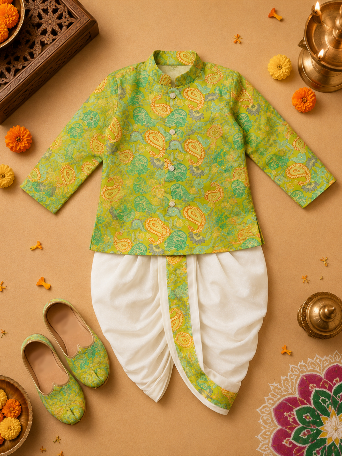 Lime Green Printed Kurta With Off White Dhoti
